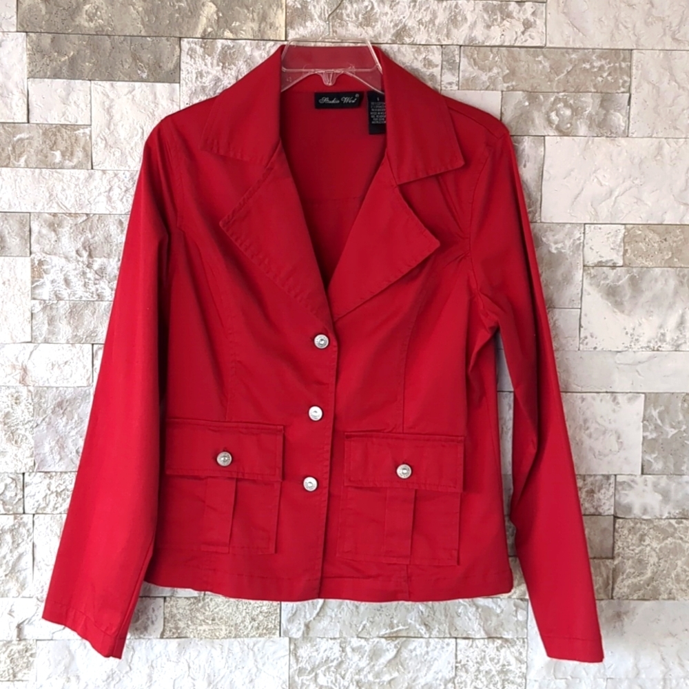 Studio West 90s Western Jean Jacket SM, Red Cowgirl Silver Rhinestones Retro EUC